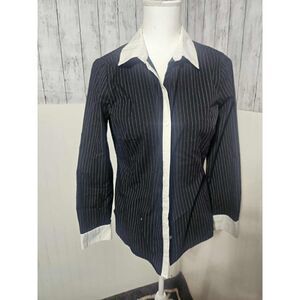 Worthington Petite Black Pinstripe Button Front Career Blouse Size 10P